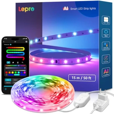 Obrázek Lepro LED pásek AI S1, MagicColor 15M Smart s asistentem světelného designu, hudební synchronizace, ovládání pomocí aplikace kompatibilní hlasovými asistenty Alexa a Google,