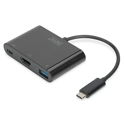Obrázek DIGITUS USB typ C multiport grafický adaptér, na HDMI + A 3.0 C, funkce nabíjení, 4K Ultra HD 30Hz, plast, černý