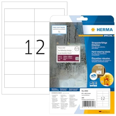 Obrázek HERMA 4692 Fóliové etikety odolné proti povětrnostním vlivům, 25 listů, 97 x 42,3 mm, 12 archů A4, 300 kusů, samolepicí, s možností potisku, matné, prázdné lepicí z fólie, bílé