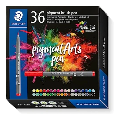 Obrázek STAEDTLER brush pen pigment Arts, prémiová kreslicí hlavice, špička štětce pro variabilní šířku linie, voděodolné, rychleschnoucí, 36 popisovačů v různých barvách kartonovém pouzdře, 371 C36