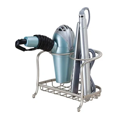 Obrázek iDesign porte sèche cheveux, support cheveux en métal avec 2 compartiments et panier grillagé, rangement salle de bain pour séchoir lisseur, argenté mat