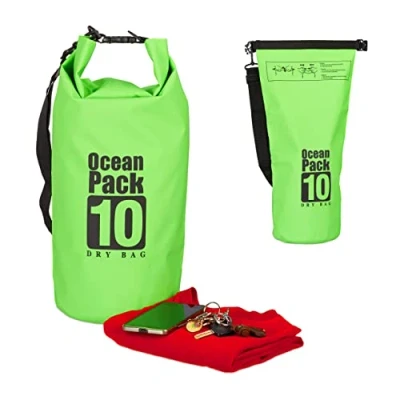 Obrázek Relaxdays Ocean Pack 10 l, vodotěsný Dry Bag, ultralehký suchý pytel pro plachtění, rafting, lyžování, Zelená, Školní batoh