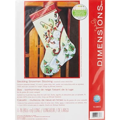 Obrázek Dimensions D70 08853, vánoční punčochy s sáňkajícími sněhuláky k vlastnoručnímu vyšívání