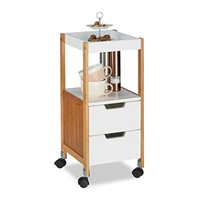 Obrázek Relaxdays vozík se zásuvkami, čajovník, stolek na tablet, pojízdný, kuchyňský z MDF, bambus, v x š h: 69 30 cm, bílý