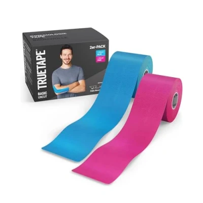 Obrázek TRUETAPE® Kineziotape BASIC Uncut Duo 2x role (5 m x 5 cm) nesestříhané vodotěsná &amp; elastická kineziologická páska fyziotape se silnou přilnavostí pro všední den a sport modrá růžová