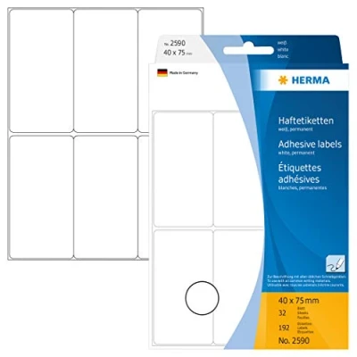 Obrázek HERMA 2590 víceúčelové etikety, 192 kusů, 40 x 75 mm, 6 na arch, samolepicí, štítky pro domácnost k popisování, matné, prázdné papírové lepicí bílé