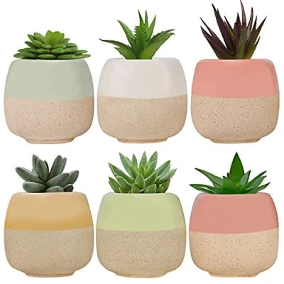 Obrázek BELLE VOUS Mini květináč keramický (6 ks) d 6 x v 5,5 cm malé květináče kaktusy s odtokovým otvorem pro domov, kancelář, interiér, venkovní, zahradní dekorace sukulenty, a