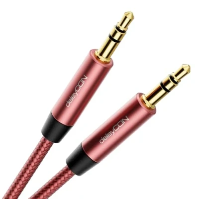 Obrázek deleyCON 2 m Nylon 3,5 mm jack audio stereo AUX kabel nylonový kovová zástrčka mobilní telefon smartphone tablet sluchátka HiFi Receiver červená/růžová