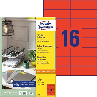 Obrázek AVERY Zweckform 3452 červených etiket (1600 nálepek, 105 x 37 mm na A4, trvale držící, samolepicí barevné etikety, papír matný, potiskovatelné, lepicí etikety) 100 listů