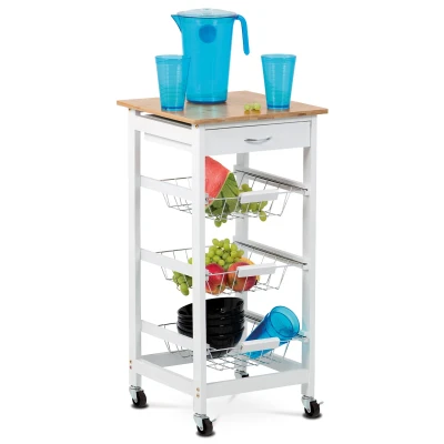 Obrázek Servírovací stolek / regál, deska masiv bambus, MDF, bílý matný lak, pojezd DR 043