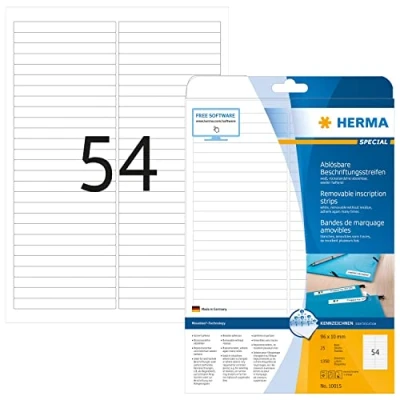 Obrázek HERMA 10015 popisovací pásky odstranitelné, 25 listů, 96 x 10 mm, 54 na arch A4, 1350 kusů, samolepicí, s možností potisku, matné, prázdné papírové lepicí etikety nálepky, bílé
