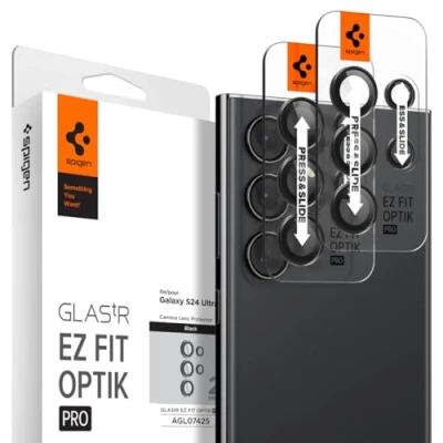 Obrázek Spigen Sklo. tR EZ Fit Optik Pro ochrana fotoaparátu kompatibilní se Samsung Galaxy S24 Ultra, 2 kusy, titanová černá, individuální fotoaparátu, fólie proti poškrábání, tvrdost 9H