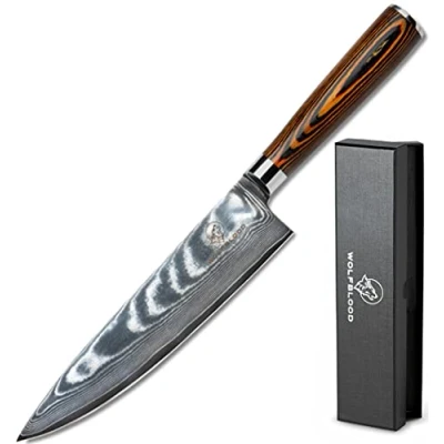 Obrázek Wolfblood damaškový nůž kuchyňský XL (32 cm) profesionální kuchařský z pravé 67 vrstev damaškové oceli I a šéfkuchařský s dřevěnou rukojetí, dárková krabička