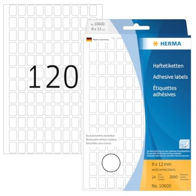 Obrázek HERMA 10600 víceúčelové etikety odstranitelné, 2880 kusů, 8 x 12 mm, 120 na arch, samolepicí, štítky pro domácnost k popisování, matné, prázdné papírové lepicí etikety, bílé
