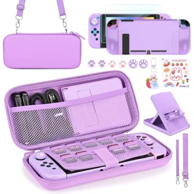 Obrázek Younik Switch Zubehör Bundle, 17 in 1 Kit für Mädchen Enthalten Tasche, Verstellbarer Ständer, Schutzhülle Konsole &amp; J Con(Lila)