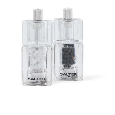 Obrázek Salter 7605 CLXR Mlýnky na sůl &amp; pepř Mini, čtvercová, tvrdá keramika s kosou, k mletí, krystaly soli a pepř, 14g soli/7g nastavitelné, jemné až hrubé, 9,7 cm, čiré