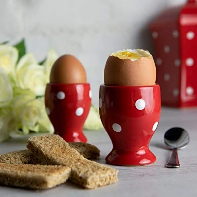 Obrázek City to Cottage® Keramik Eierbecher Set Rot und Weiß Polka Dots Handgemacht Geschirr 2 im