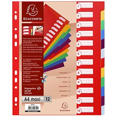 Obrázek Exacompta Prémiový registr 4812E pro DIN A4 MAXI z trvanlivého plastu, 12dílný, plná výška 24 x 29,7 cm, neprůhledné, 2 6 barev s organizačním potiskem na první straně, oddělovací listy
