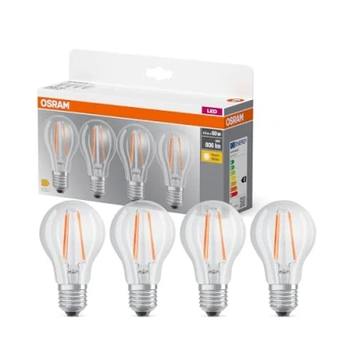 Obrázek OSRAM LED BASE A60, výhodné balení se 4 svítidly, nahrazuje běžné 60W žárovky, 6,5 W, teplá bílá (2700 K), vlákno sklo, nestmívatelné, tvar E27