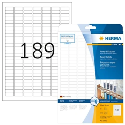 Obrázek HERMA etikety 10900 sil, 25 listů, 25,4 x 10 mm, 189 na arch A4, 4725 kusů, samolepicí, potisknutelné, extrémně silně přilnavé, prázdné papírové lepicí samolepky, bílé