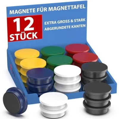Obrázek REORDA® magnety pro magnetickou tabuli silné 12 x na bílou tabuli, nástěnku, ledničku a stolové silně přilnavé, kulaté barevné