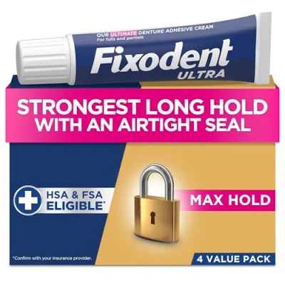 Obrázek Fixodent Ultra Max Hold Secure lepicí krém na protézy pro plné a částečné nositele zubních protéz, 62,4 g (4 kusy)