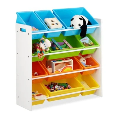 Obrázek Relaxdays, Pestrý dětský regál s regálovými boxy, úložný regál, na hraní, MDF + plast, V x Š H 88 86 31 cm, XL