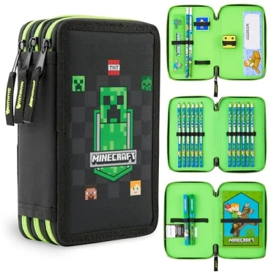 Obrázek Minecraft Penál s přihrádkami, naplněný školními potřebami, penál, škola, děti, chlapci, goodies, oficiální příslušenství pro hráče, Černá Aop, Jednotná velikost,