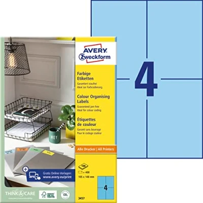 Obrázek AVERY Zweckform 3457 modré etikety (400 nálepek, 105 x 148 mm na A4, permanentně přilnavé, samolepicí barevné etikety, papír matný, potiskovatelné, lepicí etikety) 100 listů