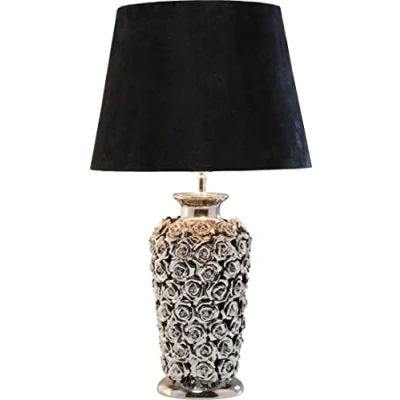 Obrázek Kare Designová stolní lampa Růže stříbrná/černá, lampa, keramická noha s růžovými květy, dekorační svítidlo, na psací stůl, žárovka není součástí dodávky, 59 x 34 cm (v/š/h)