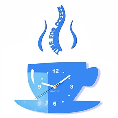 Obrázek FLEXISTYLE Hrnek Time for Coffee (čas na kávu) moderní kuchyně nástěnné hodiny modré, 3D římské, dekorace