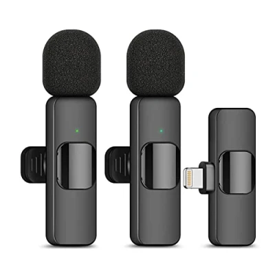 Obrázek HUACAM 2 ks bezdrátový mikrofon Lavalier pro iPhone, mini nahrávání, živé streamování, YouTube, Tiktok, Facebook, inteligentní potlačení šumu, automatická synchronizace, žádná aplikace
