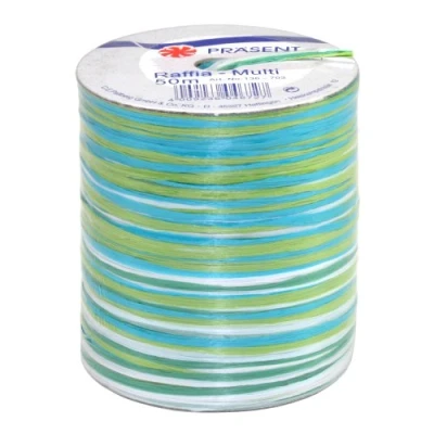 Obrázek PRÄSENT C.E. Pattberg Raffia Multicolour Bastband zelená modrá bílá, 50 m dárková stuha k zabalení, 5 pramenná pro kutily jako dárky, příslušenství dekoraci a tvoření