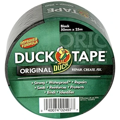 Obrázek Duck Originální černá lepicí páska, vylepšená formule, vysoká pevnost, vodotěsná, Gaffer a Dukt opravná 50 mm x 25 m