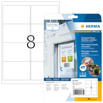 Obrázek HERMA 4575 fóliových etiket odolných proti povětrnostním vlivům odstranitelné, 20 listů, 99,1 x 67,7 mm, 8 na arch A4, 160 kusů, samolepicí, potisknutelné, matné, prázdné samolepicí etikety nálepka z