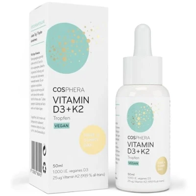 Obrázek Vitamín D3 K2 kapky ve vysokých dávkách a veganské 1 000 IE + 25µg MK7 (99,9% all trans) MCT olej sluneční vitamin D (cholekalciferol) pro kosti imunitní systém 50 ml tekutého bez