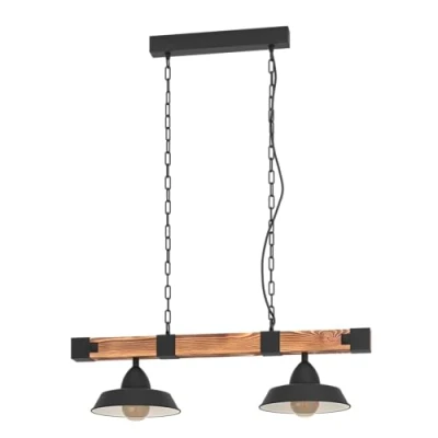 Obrázek EGLO závěsná lampa Oldbury, 2 žárovky vintage závěsné svítidlo v průmyslovém designu, z oceli a dřeva, barva: černá, hnědá, rustikální, objímka: E27, délka: 86 cm
