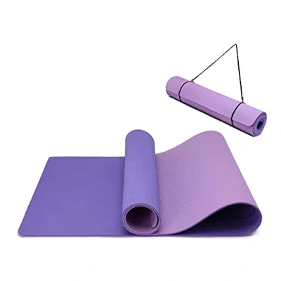 Obrázek Protiskluzová a ekologická TPE sportovní podložka s popruhem, gymnastická na pilates, cvičení, fitness 183 x 61 0,6 cm (fialová, světle fialová)