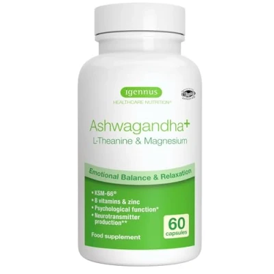 Obrázek Extrakt z kořene Ashwagandha KSM 66 s L theaninem a hořčíkem, 5% withanolid, podporuje odolnost proti stresu, veganský hypoalergenní, 60 kapslí, od Igennus