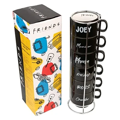 Obrázek Grupo Erik Set von Friends 6 Kaffee Tassen mit einem Ständer den Namen der Hauptfiguren dem berühmten Serie aus New York, Kafeetassen Set, 7 teiliges