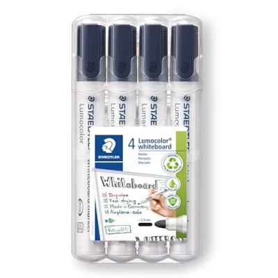 Obrázek STAEDTLER Popisovač Whiteboard Lumocolor, kulatý hrot cca šířka čáry 2 mm, vysoká kvalita, suché a beze zbytku stíratelné od Whiteboards, sada se 4 černými popisovači, 351 WP4 9X