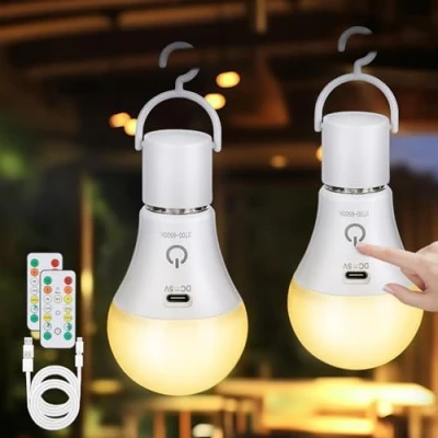 Obrázek Kimjo dobíjecí žárovka s baterií dálkovým ovládáním E27 USB 7W baterie 3 barvy stmívatelná funkcí časování Touch Control Outdoor nouzové světlo 2 kusy