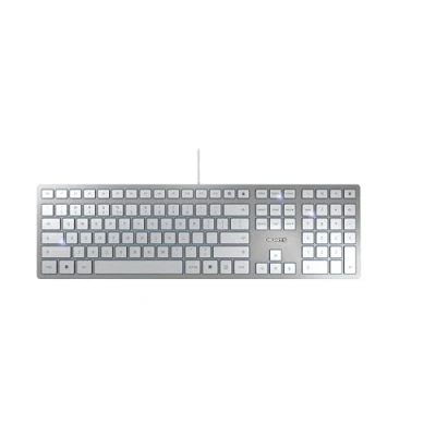 Obrázek CHERRY KC 6000 SLIM, ultra plochá designová klávesnice, rozložení EU (QWERTY), kabelové připojení (přípojka USB A), tichá tlačítka, nápis s dlouhou životností, stříbrná