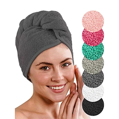 Obrázek LAYNENBURG 2dílná sada prémiového turbanu na vlasy s knoflíkem ze 100% bavlny ručník do vlasů vč. 8 gumiček pro krátké i dlouhé turban je rychleschnoucí a savý (antracit)