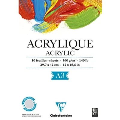 Obrázek Clairefontaine 96309C kreslicí blok akrylový papír DIN A3 29,7 x 42 cm, jednostranně lepený, 10 listů 360 g, silné klížení jádra a povrchu, pro akrylové malování kvaš, bílý, 1