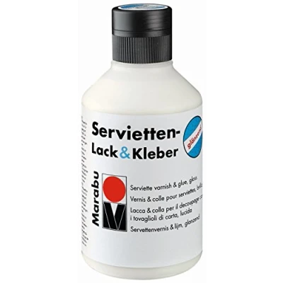 Obrázek Marabu 11400013844 transparentní lak a lepidlo pro ubrouskovou techniku, lesklé, láhev 250 ml, na vodní bázi, odolné proti povětrnostním vlivům světlu i techniku žehlení