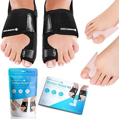Obrázek Sports Laboratory Hallux Valgus Korekční sada pro den a noc, balenice 2x kolejnice Valgus, roztahovač prstů 1 x poradce úleva od bolesti ochrana nastavitelný střih (černý)