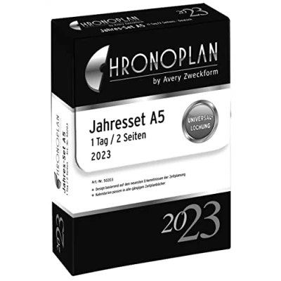 Obrázek Chronoplan 50203 kalendářová vložka 2023, roční sada A5 s denními plány (148 x 210 mm), náhradní kalendář, ideální pro profesionální denní plánování, vícenásobné děrování (1 den na 2 stranách), bílá