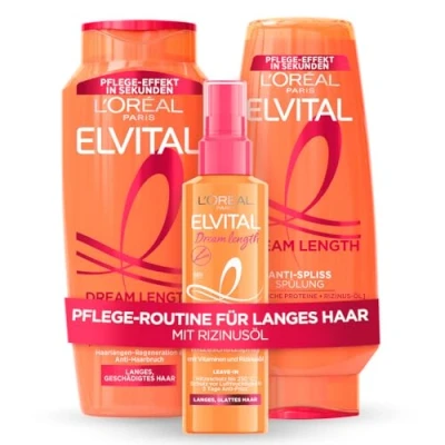 Obrázek L&#039;Oréal Paris Elvital Germany&#039;s Next Topmodel Rutina péče o vlasy pro dlouhé a poškozené vlasy: Dream Length Set se šamponem 300 ml, oplach 250 ml ochranný sprej proti horku 150