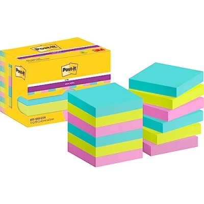 Obrázek Post it Super Sticky Notes Cosmic Collection, balení s 12 bloky, 90 listů na blok, 47,6 mm x mm, tyrkysová, zelená, růžová extra silně lepicí poznámkový blok pro poznámky a seznamy úkolů
